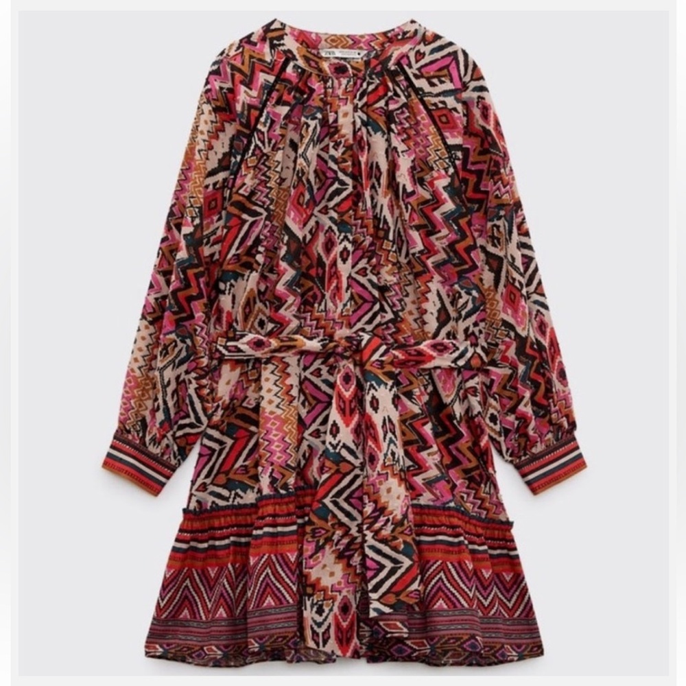 Zara Multicolor Patterned Long-Sleeve Belted Mini Dress